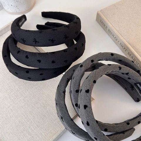 Vintage Grau Schwarz Gepolstertes Schwamm Stirnband Für Damen Breites Stoff Haarreif Mit Schleife Herz Punktemuster Handgefertigt Haarschmuck