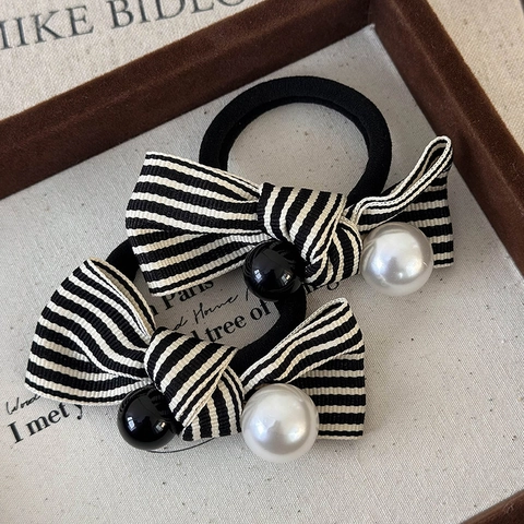Koreaanse Stijl Elegante Zwart-Wit Gestreept Strik Haarelastiek Met Kunstparel Hoge Elasticiteit Stof Haartouw Voor Dames Sieraden