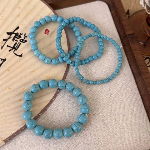 Synthetisches Türkis Perlenarmband Vintage Elegant Himmelblau Rundstein Armreif Elastischer Handschmuck Für Damen Geschenke