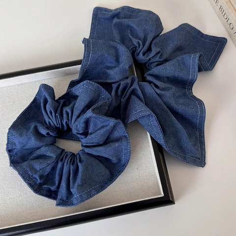 Scrunchies in Tessuto Denim Vintage Cuciture a Contrasto Grande Elastico per Capelli Plicsettato Stile Foresta Fresco Anello per Capelli Donna Accessori