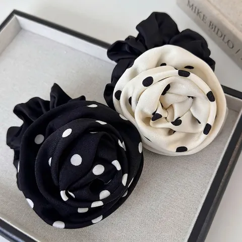 Große Rosenblüten Scrunchies Polka Dot Print Stoff Haargummis Elegante Florale Pferdeschwanz Halter Chiffon Scrunchy Damen