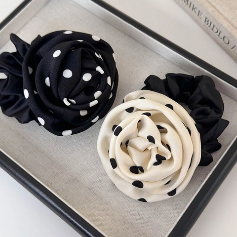 Große Rosenblüten Scrunchies Polka Dot Print Stoff Haargummis Elegante Florale Pferdeschwanz Halter Chiffon Scrunchy Damen
