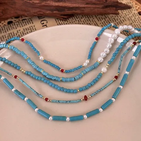 Böhmischer Vintage Perlenkette Für Damen Synthetischer Türkis Künstliche Perle Verschluss Choker Halsschmuck Zubehör Geschenk
