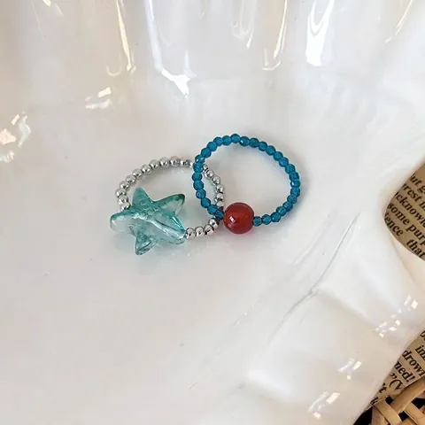 Summer Beach Starfish Beaded Ring For Women Sweet Blue Red Artificial Crystal Stretch Finger Rings Vacation Jewelry Accessory