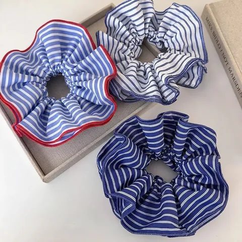 French Style Oversized Striped Hair Scrunchies For Women Blue White Polyester Elastic Hair Tie Fashion Hair Accessories