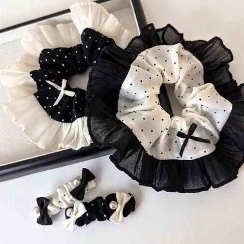 Fermaglio per Capelli Dolce a Pois con Fiocco e Volant Perla Artificiale Tessuto Elegante Stile Coreano Accessori per Capelli Donna