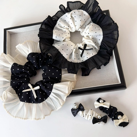 Fermaglio per Capelli Dolce a Pois con Fiocco e Volant Perla Artificiale Tessuto Elegante Stile Coreano Accessori per Capelli Donna