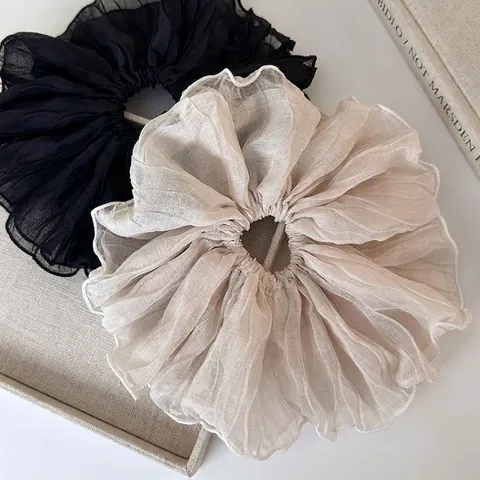 French Elegant Pleated Large Scrunchie For Women Korean Minimalist Knitted Chiffon Hair Tie Oversized Elastic Hair Band Fashion Accessory