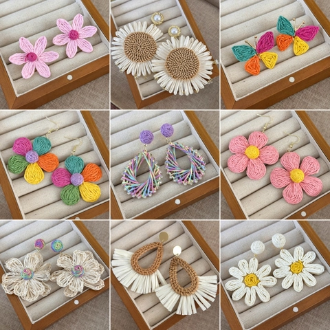 Bohemian Handmade Straw Weave Drop Earrings For Women Retro Geometric Floral Butterfly Sunflower Starfish Vacation Jewelry