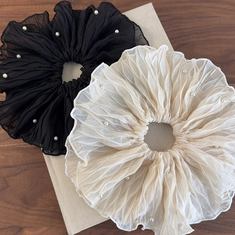 French Elegant Pleated Large Scrunchie For Women Korean Minimalist Knitted Chiffon Hair Tie Oversized Elastic Hair Band Fashion Accessory