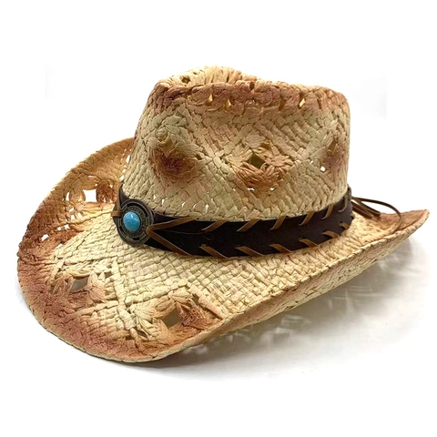 Western Cowboy Straw Hat For Men Women Hollow Out Weave Wide Brim Sun Protection Fedora Beach Hat With Turquoise Decor
