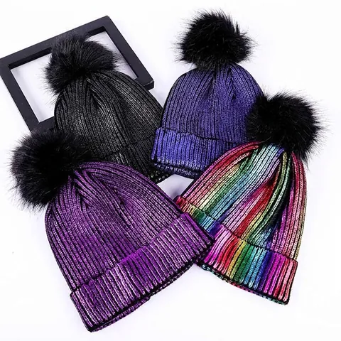 Women Winter Metallic Knit Beanie Hat Fashion Gold Stamping Pom Pom Ribbed Skull Cap Warm Acrylic Outdoor Streetwear