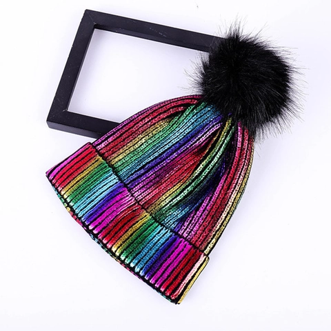Women Winter Metallic Knit Beanie Hat Fashion Gold Stamping Pom Pom Ribbed Skull Cap Warm Acrylic Outdoor Streetwear