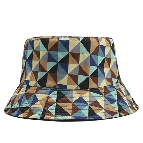 Bob Réversible Unisexe en Polyester Imprimé Géométrique à Carreaux Multicolore Protection Solaire Décontracté