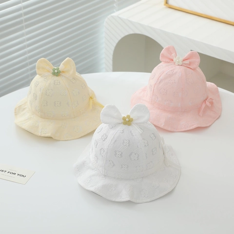 Cappello da Sole per Neonata in Pizzo Cappello da Pescatore Traspirante Con Grande Fiocco Fiore Perla Artificiale Berretto Bimbi