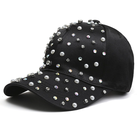 Luxury Satin Polyester Baseball Cap For Women With Rhinestone And Artificial Pearl Shiny Sun Hat For Outdoor Travel Fashion