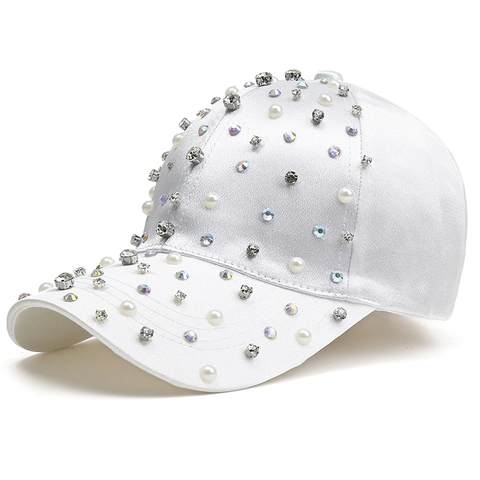 Luxury Satin Polyester Baseball Cap For Women With Rhinestone And Artificial Pearl Shiny Sun Hat For Outdoor Travel Fashion