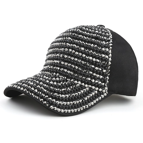 Fashion Women Rhinestone Artificial Pearl Baseball Cap Shiny Striped Sun Hat Korean Style Adjustable Polyester Cap Jewelry