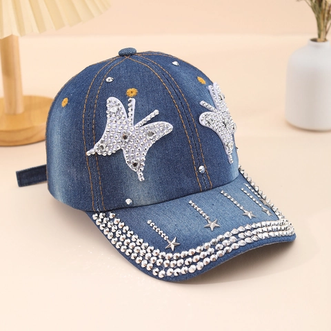 Damen Vintage Denim Baseballkappe Strass Schmetterling Stern Glitzer Pailletten Verstellbar Fashion Streetwear Hut