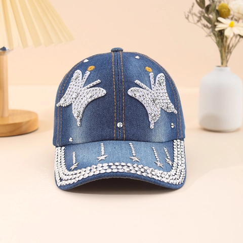 Damen Vintage Denim Baseballkappe Strass Schmetterling Stern Glitzer Pailletten Verstellbar Fashion Streetwear Hut