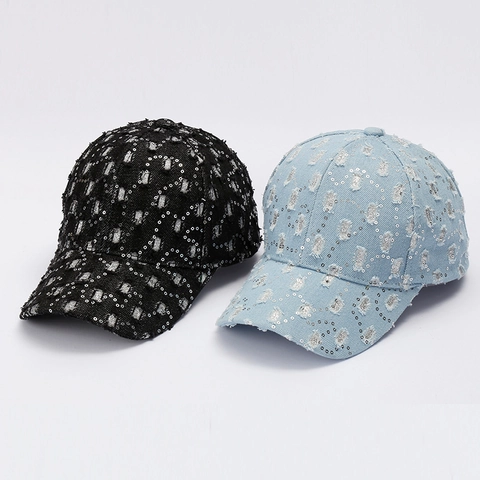 Gorra de Béisbol de Mezclilla Rasgada para Mujer Hombre Lentejuelas Brillantes Sombrero de Sol Casual Moda Ajustable