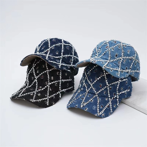 Gorra de Béisbol de Denim Vintage Desgastado para Mujeres Hombres Diseño de Rejilla de Rhinestone Algodón Ajustable Sombrero