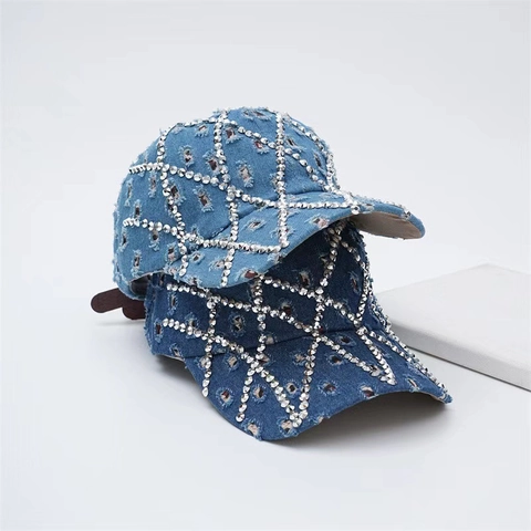 Gorra de Béisbol de Denim Vintage Desgastado para Mujeres Hombres Diseño de Rejilla de Rhinestone Algodón Ajustable Sombrero