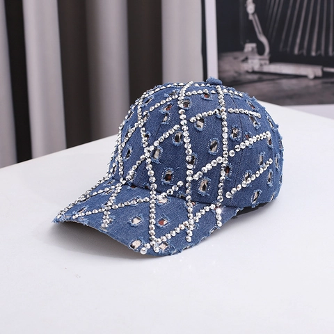 Berretto da Baseball in Denim Consumato con Griglia a Diamante in Strass Cappello Parasole per Uomo Donna Casual Streetwear Regolabile