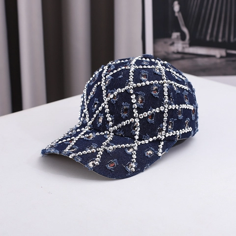 Berretto da Baseball in Denim Consumato con Griglia a Diamante in Strass Cappello Parasole per Uomo Donna Casual Streetwear Regolabile