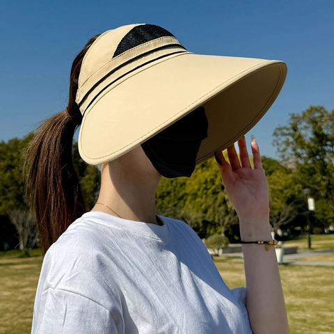 Women UV Protection Sun Hat Large Brim Empty Top Headband Visor Breathable Mesh Striped Summer Beach Cycling Sunshade Cap