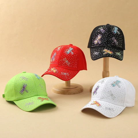 Damen Luxus Baseballkappe Glänzende Strasssteine 3D Libelle Schmetterling Patches Atmungsaktiv Lässig Mode Sonnenhut