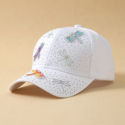 Damen Luxus Baseballkappe Glänzende Strasssteine 3D Libelle Schmetterling Patches Atmungsaktiv Lässig Mode Sonnenhut
