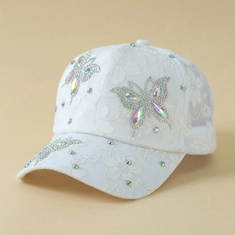 Berretto da Baseball da Donna in Stile Coreano con Pizzo Floreale Farfalla Strass Traspirante Mesh Protezione Solare Cappello a Visiera Moda Streetwear