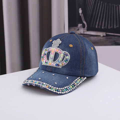 Berretto da Baseball in Denim da Donna Corona in Strass Distressed Cotone Regolabile Hip Hop Cappello da Sole Streetwear