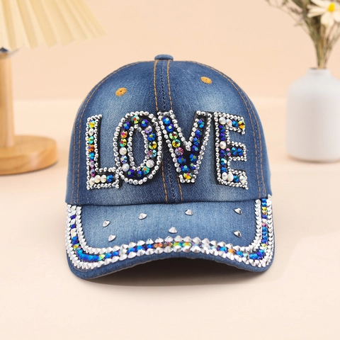 Fashion Denim Baseball Cap Colorful Rhinestone LOVE Letter Crystal Embellished Sunshade Hat For Outdoor Travel Unisex