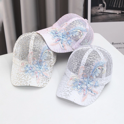 Damen Netz Baseball Kappe Pailletten Stickerei Blume Kunstperle Sommer Atmungsaktiv Sonnenschutz Hut Süße Mode Kopfbedeckung