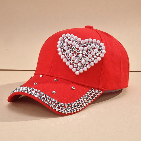 Gorra de Béisbol de Moda para Mujer Corazón Perla Artificial Strass Estilo Dulce Algodón Sombrero de Sol para Viajes al Aire Libre Casual