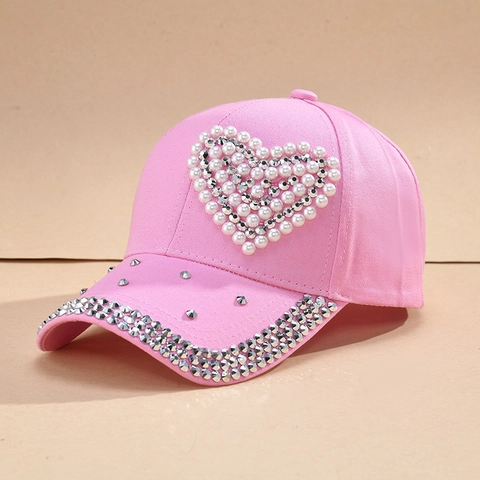 Gorra de Béisbol de Moda para Mujer Corazón Perla Artificial Strass Estilo Dulce Algodón Sombrero de Sol para Viajes al Aire Libre Casual
