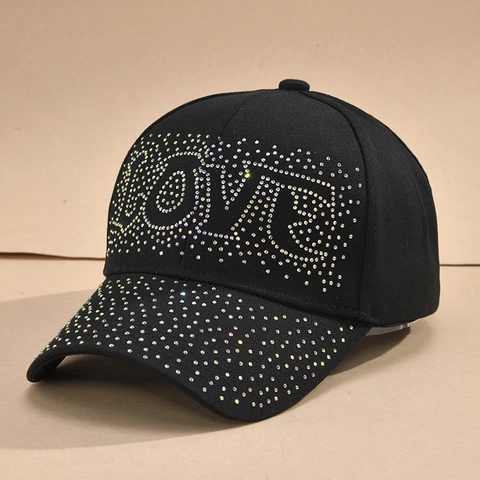 Berretto da Baseball in Cotone da Donna alla Moda Decorazione con Lettere LOVE in Strass Tesa Curva Regolabile Cappello da Sole