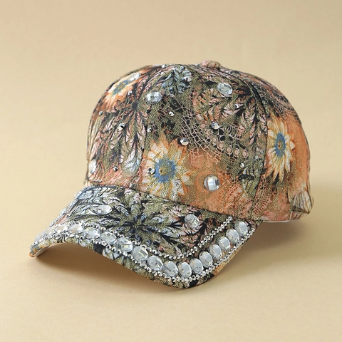 Luxe Strass Bloemenprint Honkbalpet Voor Dames Koreaanse Stijl Kant Zonbescherming Mode Verstelbaar Outdoor Eendenbek Pet