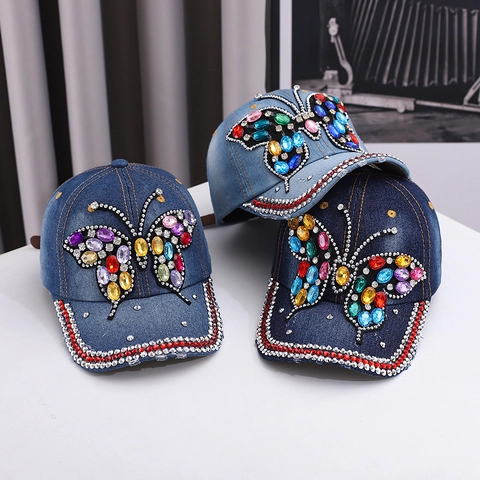 Women Denim Baseball Cap Butterfly Rhinestone Inlaid Fashion Sun Protection Outdoor Adjustable Cotton Denim Tongue Hat