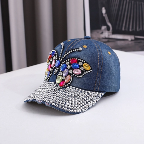 Cappello da Baseball in Denim da Donna Farfalla in Strass Cappello da Sole Cristallo Colorato Casual Jeans Snapback Viaggio