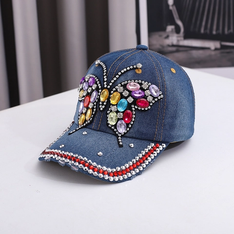 Women Denim Baseball Cap Butterfly Rhinestone Inlaid Fashion Sun Protection Outdoor Adjustable Cotton Denim Tongue Hat