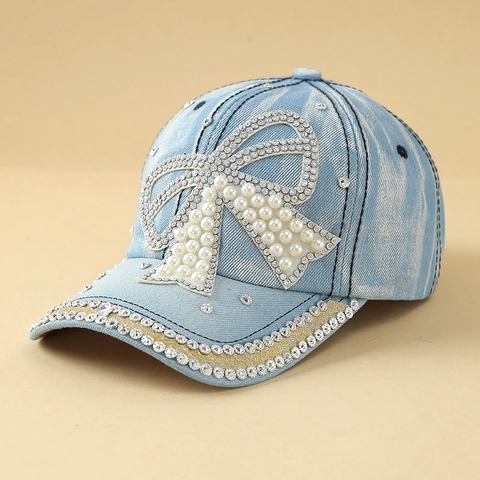 Damen Washed Denim Baseballkappe Mit Strass Perle Stern Schleife Herz Muster Glitzer Denim Sonnenhut Mode Streetwear