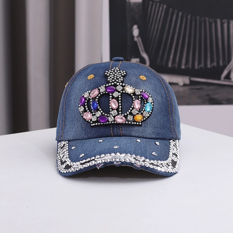 Berretto da Baseball in Denim Vintage da Donna con Corona di Strass Regolabile in Cotone Denim Cappello da Sole All'aperto