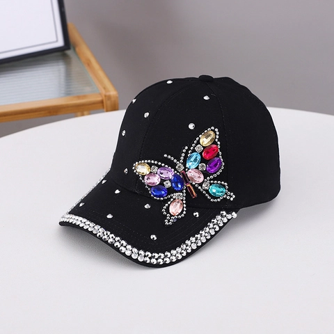 Berretto da Baseball Lussuoso con Farfalla in Strass per Donna Protezione Solare in Cristallo Colorato Moda Coreana Bling