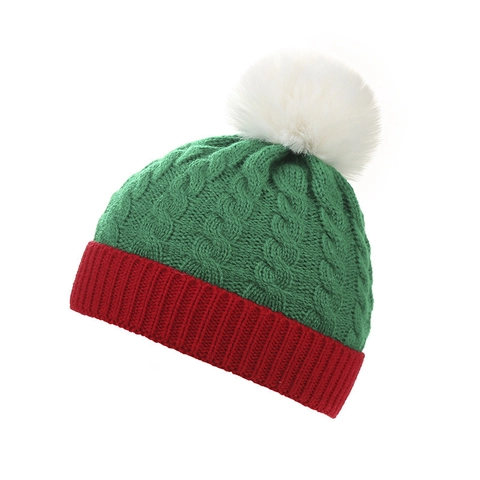Kerst Kinderen Gebreide Muts Acryl Warm Winter Kabelpatroon Muts Met Pompon Feestelijke Kleurblok Muts Voor Peuters