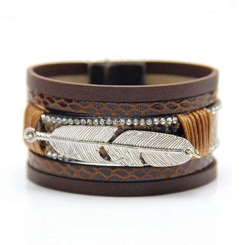 Bohemian Multilayer PU Leather Bracelet For Women Alloy Feather Charm Rhinestone Inlaid Magnetic Clasp Vintage Ethnic Jewelry