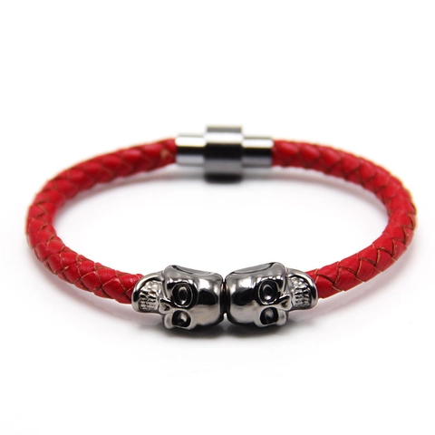 Punk Men Braided Synthetic Leather Bracelet With Skull Alloy Beads Copper Magnetic Clasp Rock Street Fashion Jewelry Gift