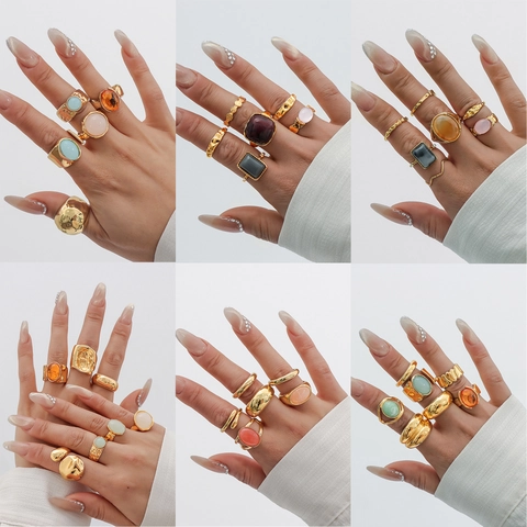 Bohemian Vintage Alloy Acrylic Ring Set For Women Gold Silver Plated Irregular Hammered Geometric Stacking Finger Rings Jewelry